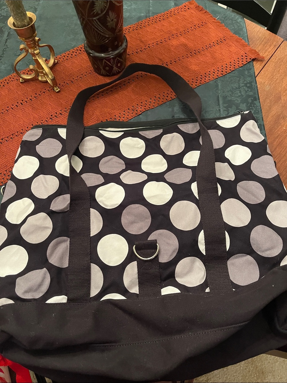 thirty-one Black Tote with Gray and Cream Polka Dots